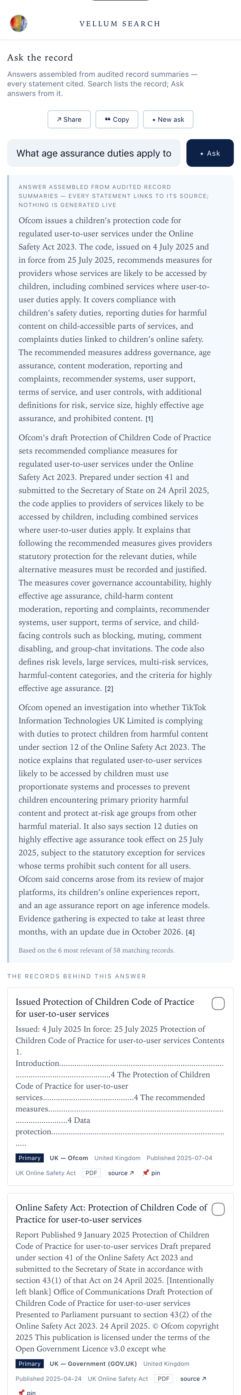 Ask — a real cited answer assembled from audited record summaries