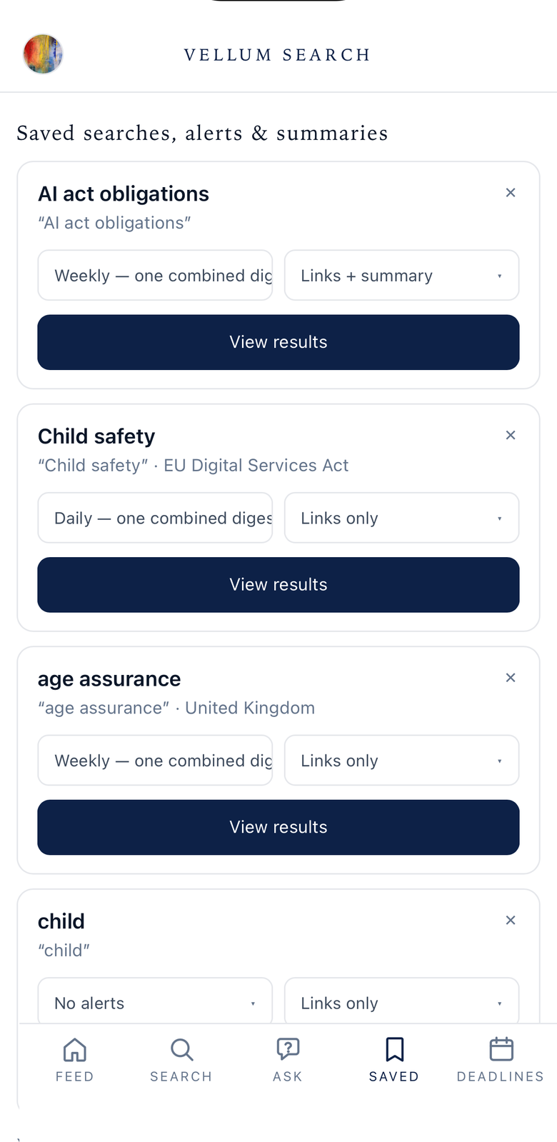 Saved searches with daily and weekly alert digests