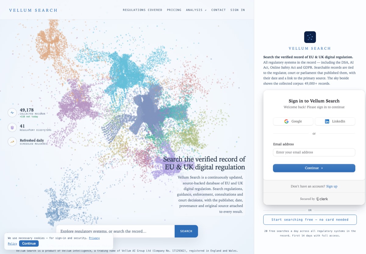 The Vellum Search homepage with the living map