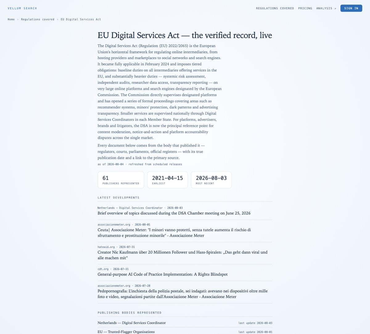The EU Digital Services Act tracker page