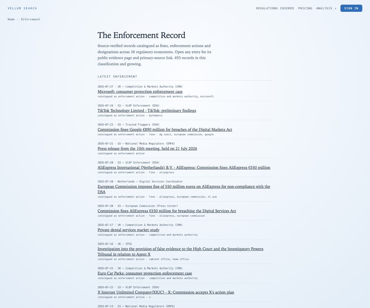 The public enforcement record page