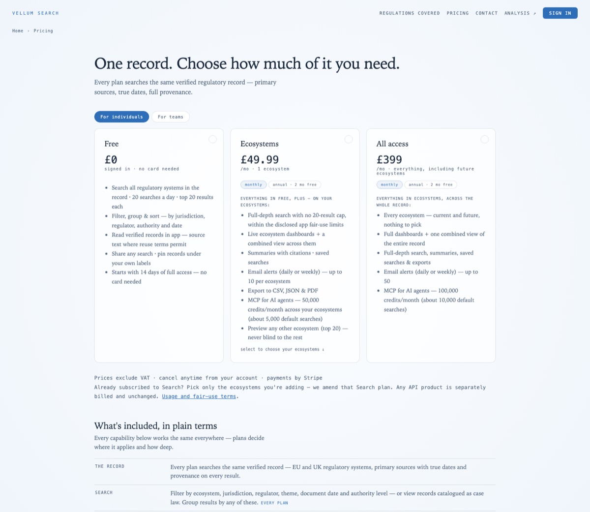 The Vellum Search pricing page